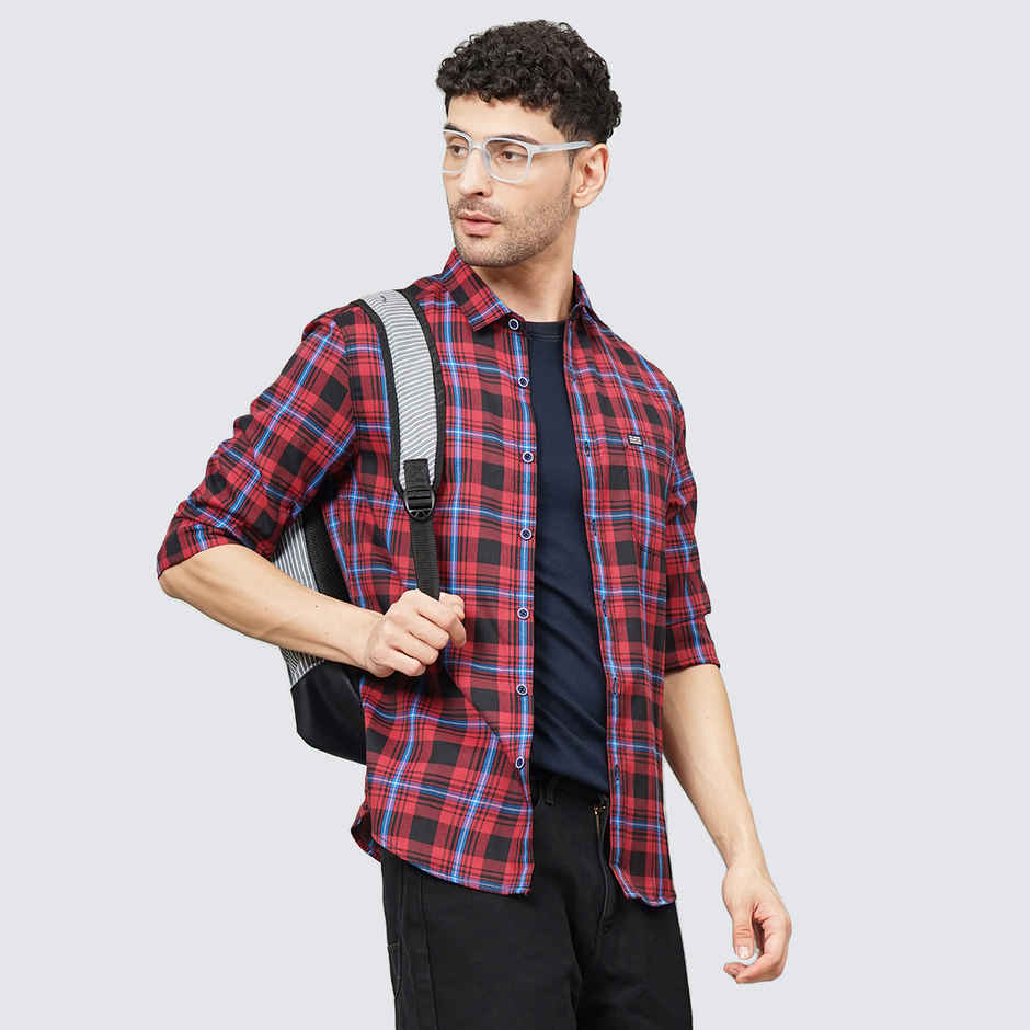 The Indian Garage Co Men's Regular Fit Checked Casual Shirt | Red - M
