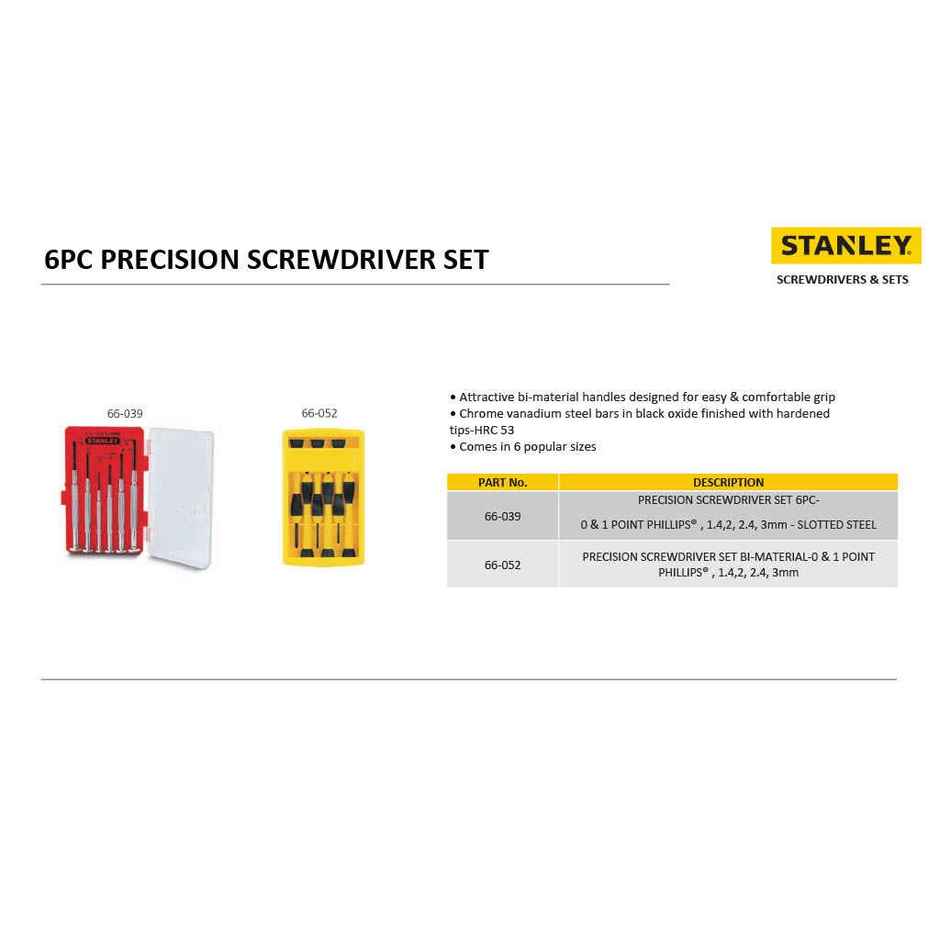 STANLEY 66-052 6-Piece Precision Screwdriver Set, 4 Slotted & 2 Phillips, Ideal For Machines, Cars