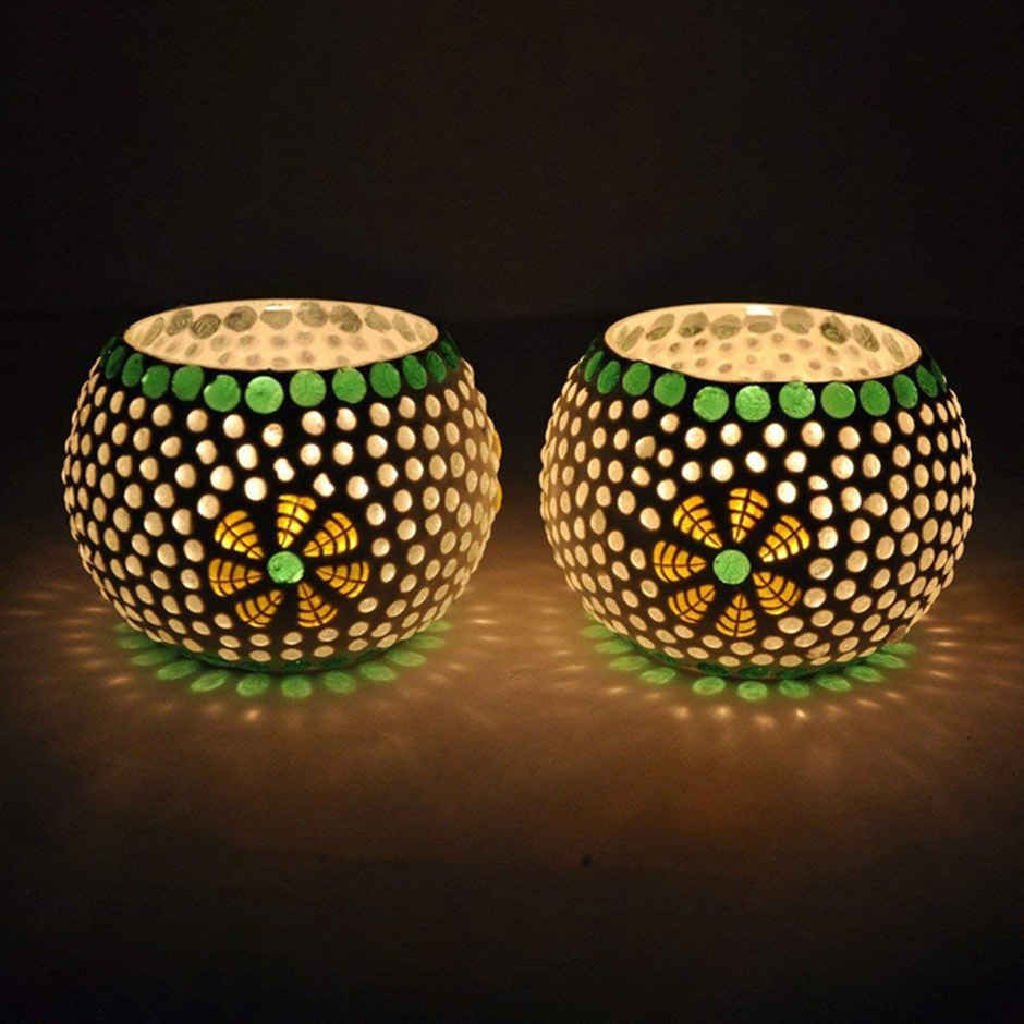 Turkish Mosaic Glass Votive Tealight Candle Holders | Glass | Multicolour | Pack of 2 | Tied Ribbons