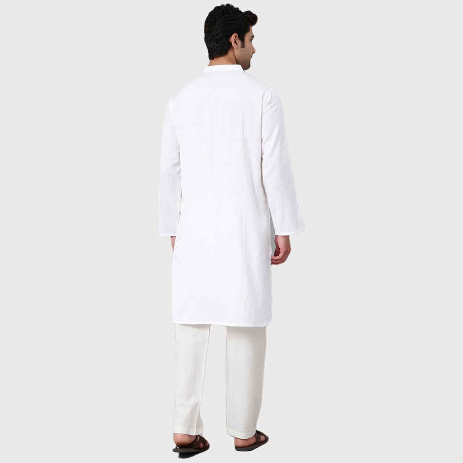 Fabindia Men's Long Kurta Dobby | White - XS