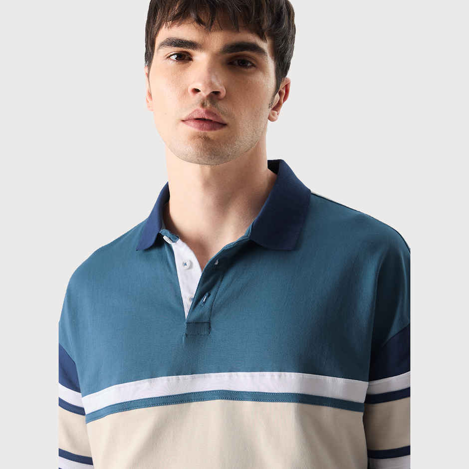 The Souled Store Men's Solids Colourblock Oversized Polo | Ocean Blue - M