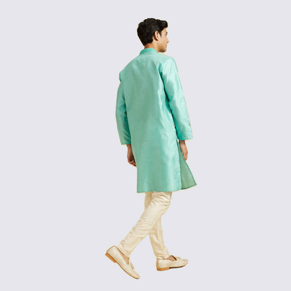 Diwas By Manyavar Green Art Silk Thread Work Self Design Kurta Set | L