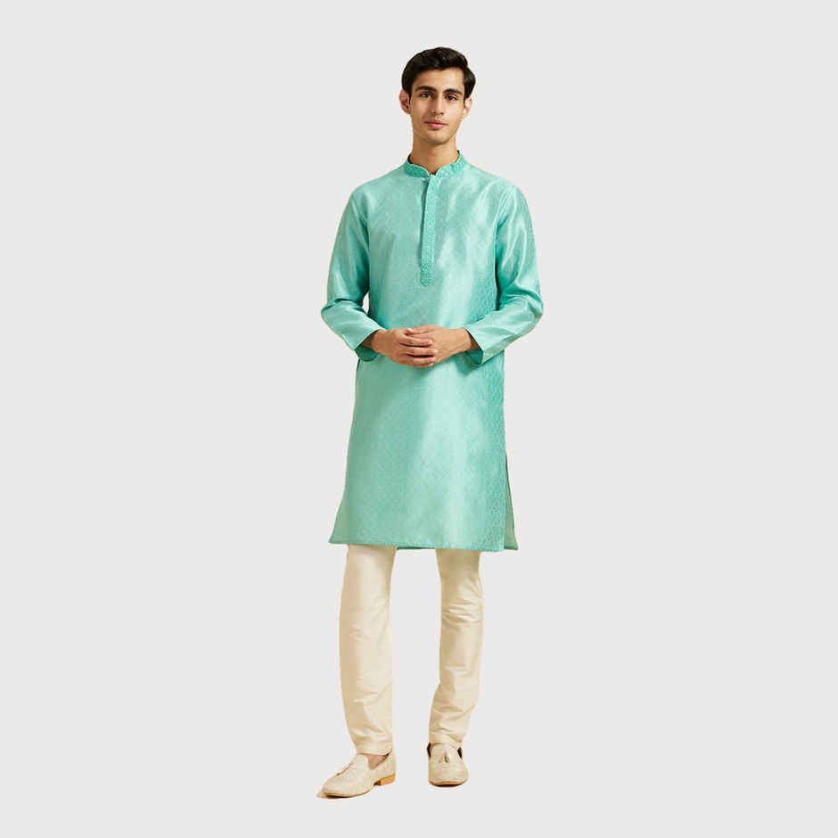 Diwas By Manyavar Green Art Silk Thread Work Self Design Kurta Set | L