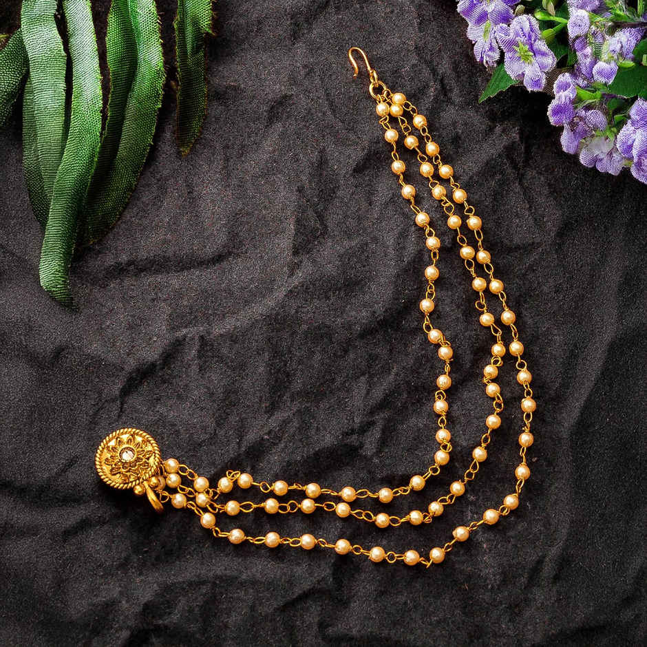 Aadita Traditional Long Chain Nose Pin- Gold Plated Nath with Kundan & Pearl for Bridal Wear