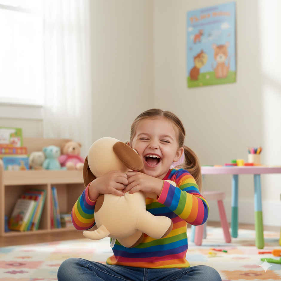 DearJoy Playful Dog Soft Toy Off White & Brown 25 cm