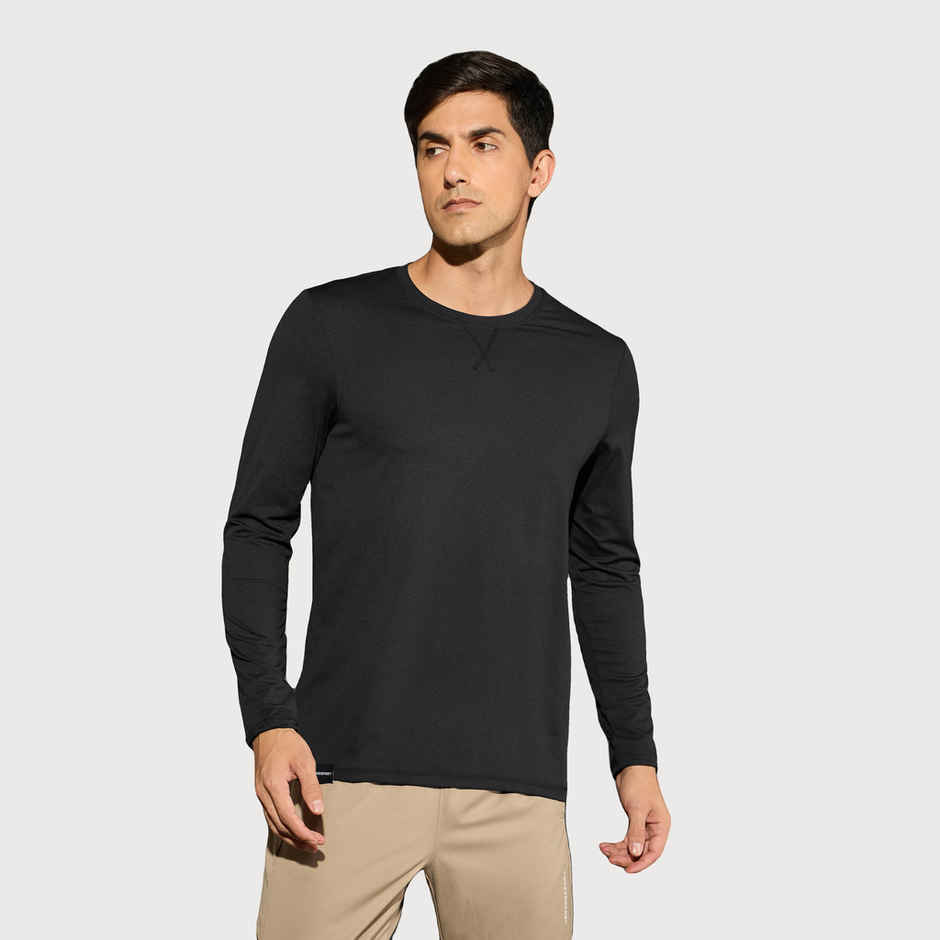 Technosport Men's Poly Solid Slim Fit Round Neck Full Sleeve Sports T-shirt | Black - M