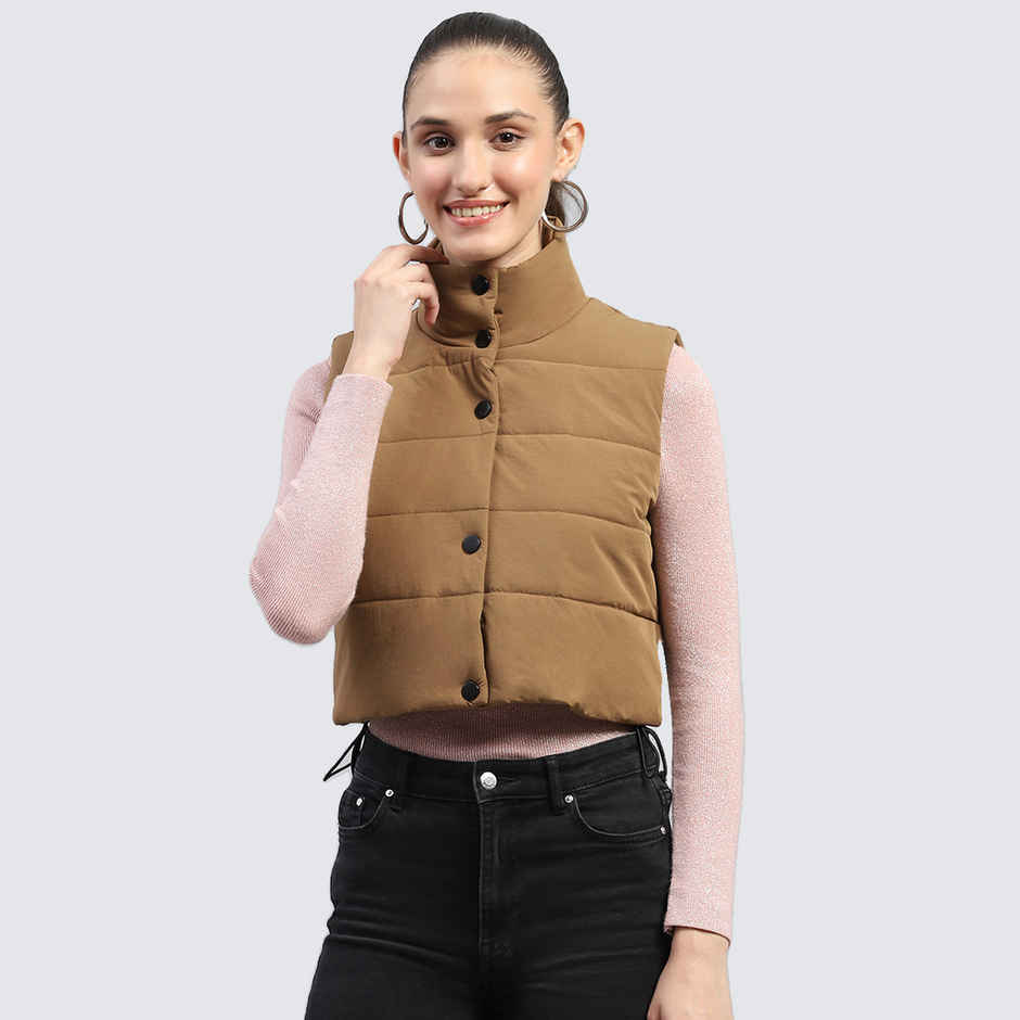 Rock.It By Monte Carlo Womens Brown Solid Mock Neck Sleeveless Jacket | 2240102633-2-36 | M