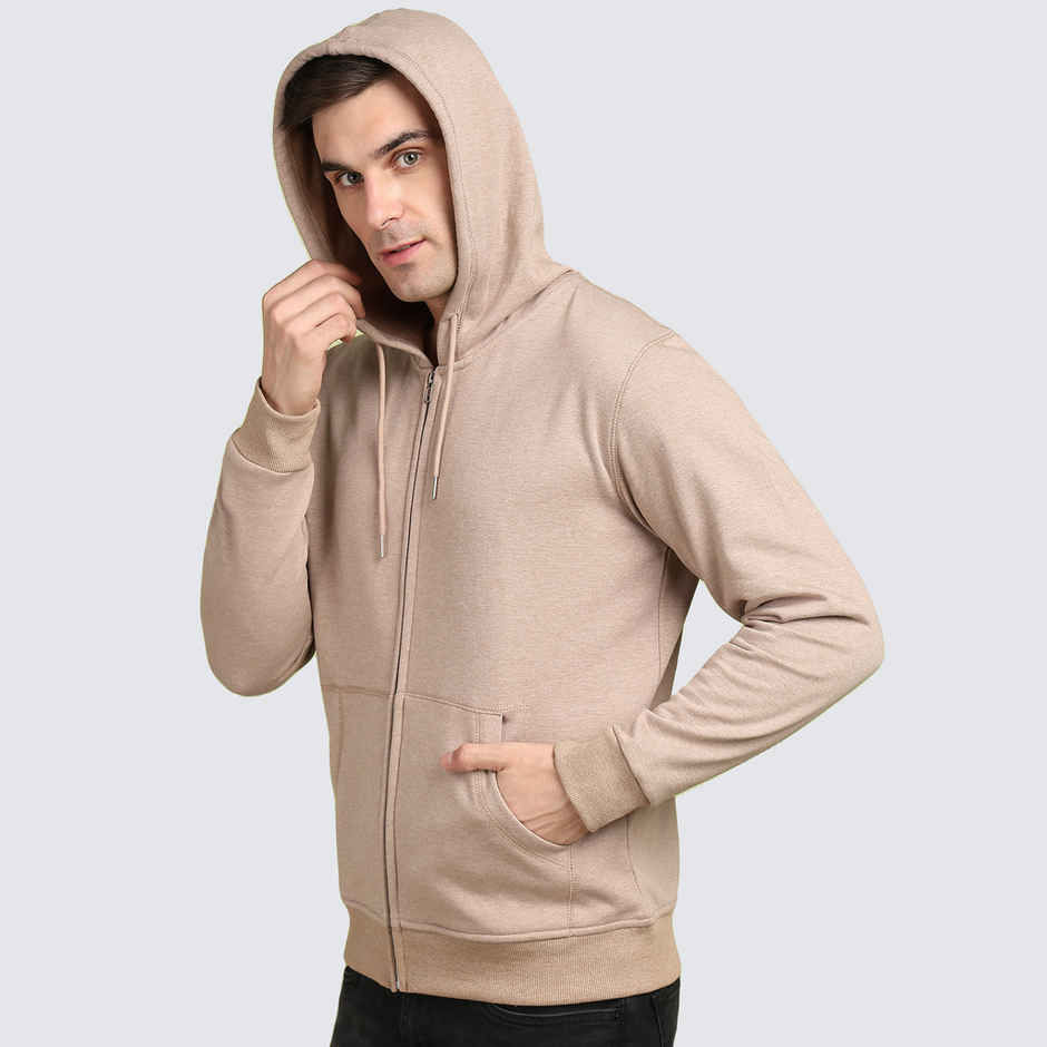 Alan Jones Clothing Men's Solid Zipper Hooded Sweatshirt | Biscuit - 2XL