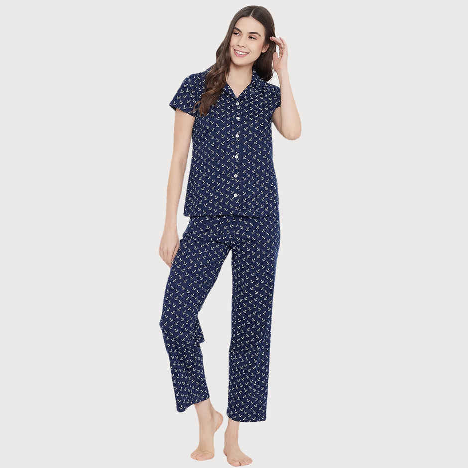 Clovia Button Down Anchor Print Shirt & Pyjama Set - Cotton | Blue | L