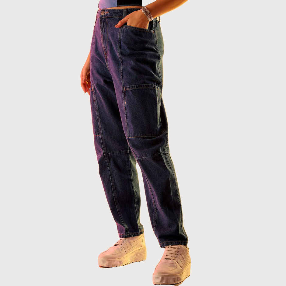 Freehand Women's High Rise Streetwear Multi Pocket Anti Fit Vintage Fit Jeans | Blue - 28