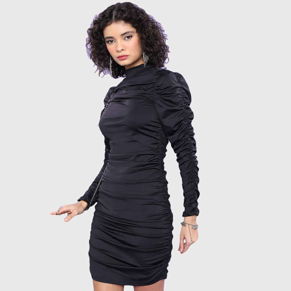 Ketch Women's Gathered Detailed High Neck Long Sleeves Sheath Dress | Black - XL