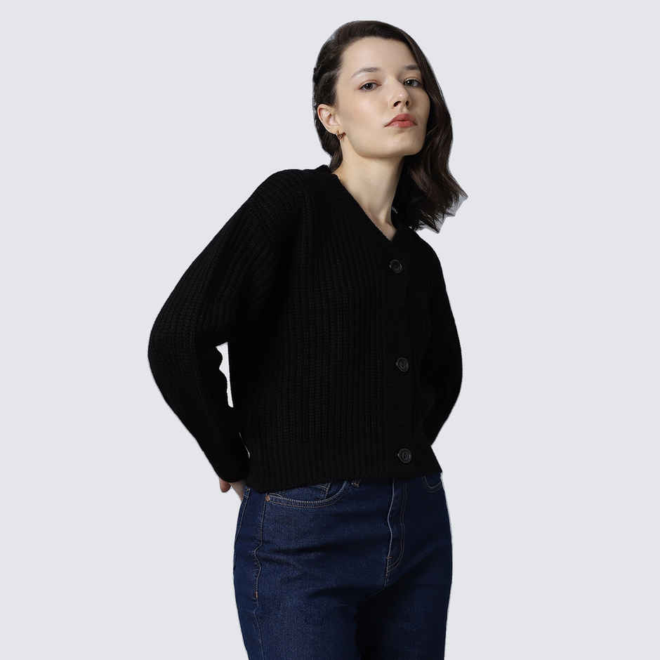 High Star Women's Ribbed Acrylic Cardigan | Black - XL