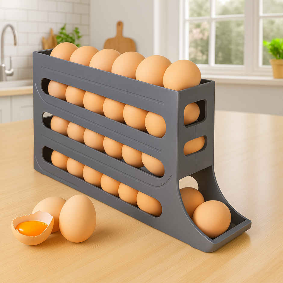 Zedak Plastic 3 Tier Roll Down Egg Storage Box | Grey - 1 pc