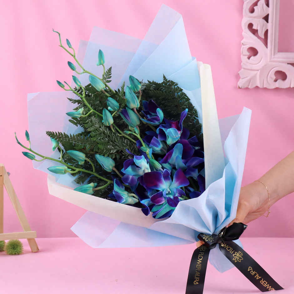 FlowerAura 3 Blue Orchids Bouquet in Blue Non-Woven Paper