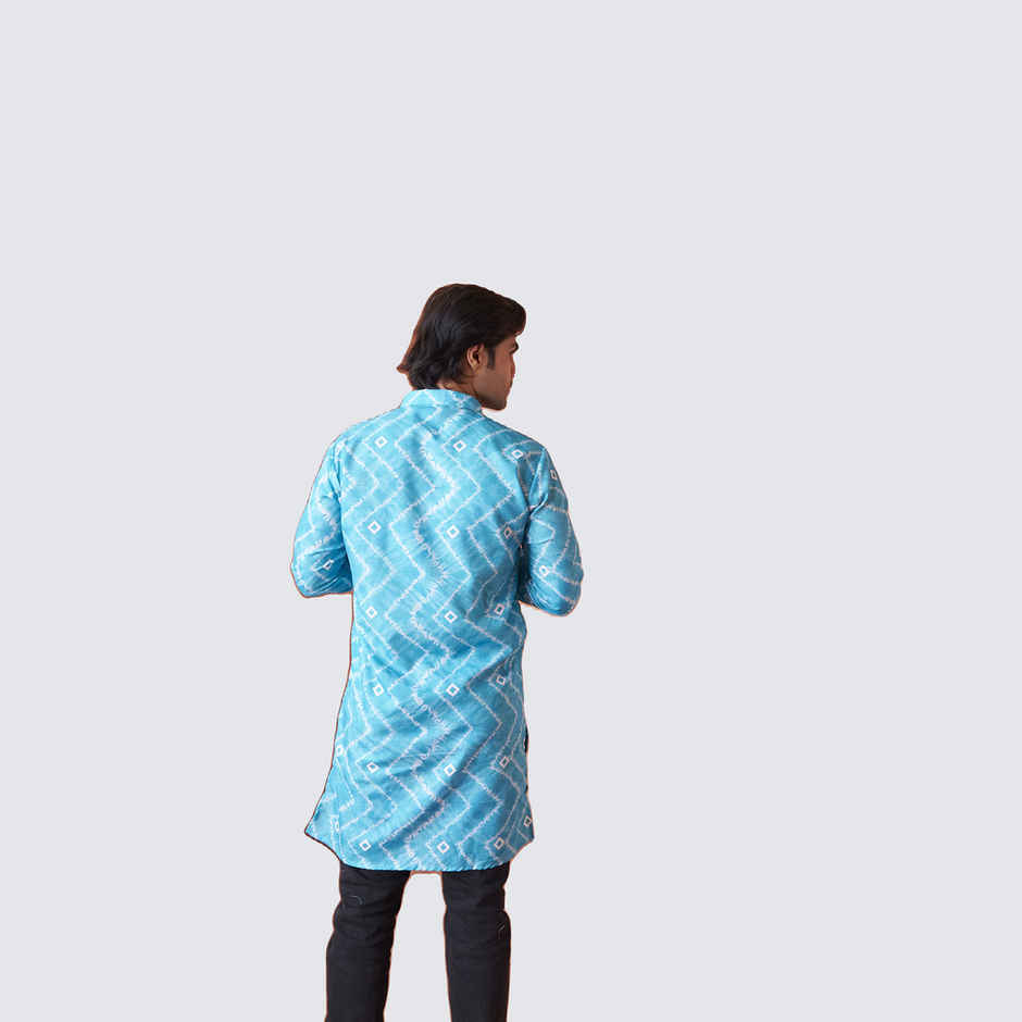House Of Festivals Men's Printed Cotton Blend Tie & Die Look Long Kurta | Blue - L