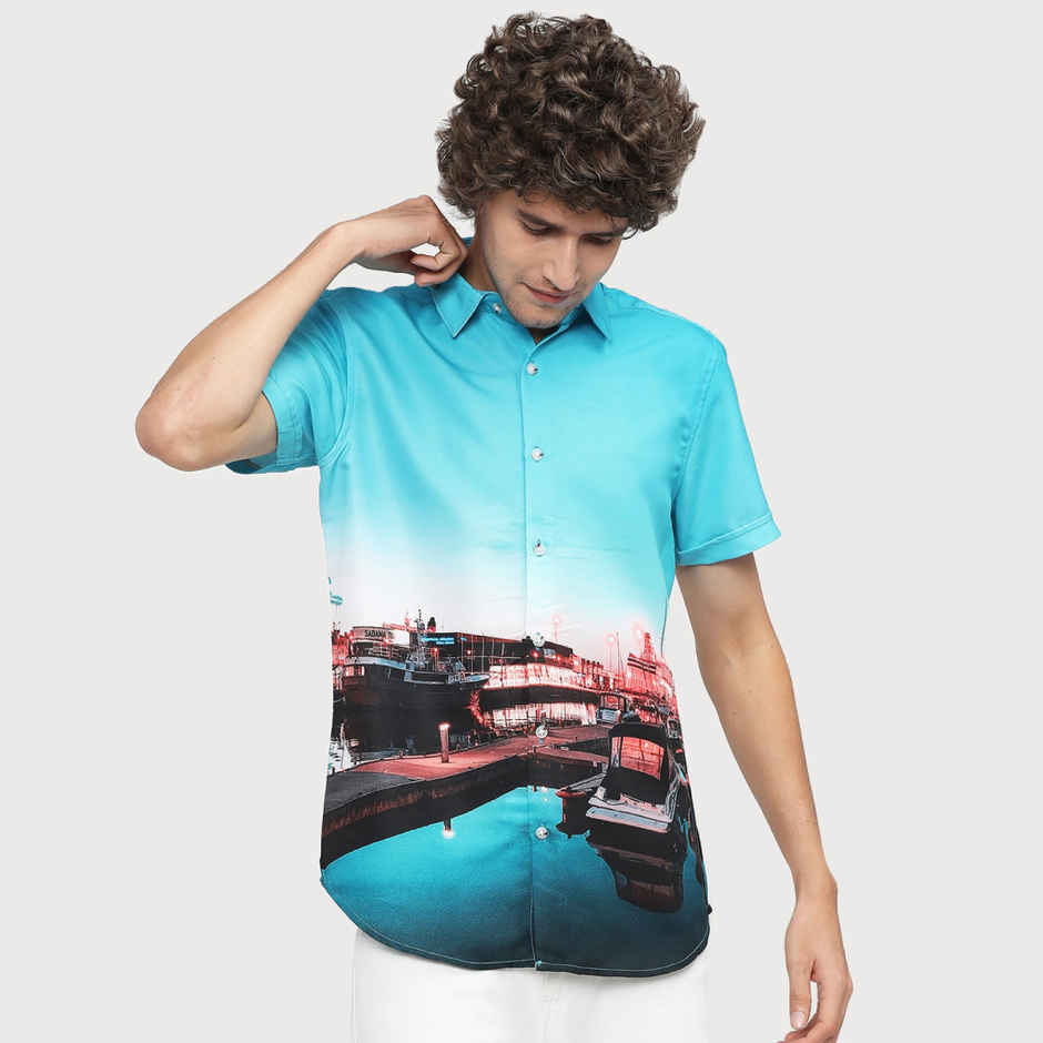 Highlander Men's Printed Slim Fit Casual Shirt - Light Blue and Navy Blue | L