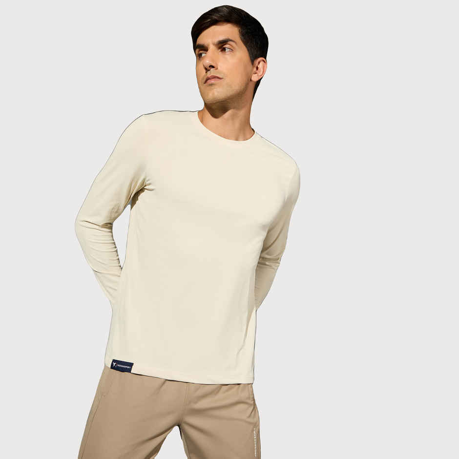 Technosport Men's Poly Solid Slim Fit Round Neck Full Sleeve Sports T-shirt | Oat Meal - XL