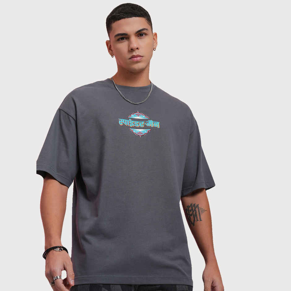 Highlander Men's Marvel Spider-Man Printed Oversized Round Neck Drop Shoulder T-shirt | Grey - M