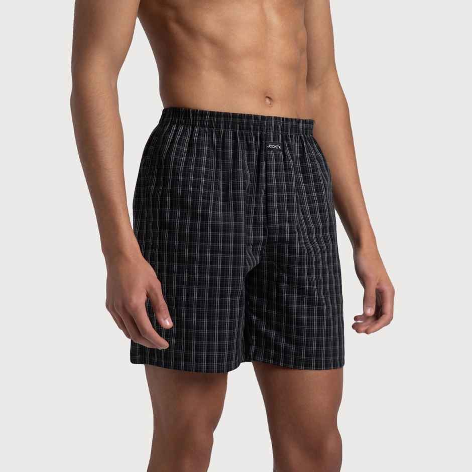 Jockey 1223 Men's Super Combed Mercerized Cotton Woven Checks Underwear Boxer | SidePocket | Black/Slate - L