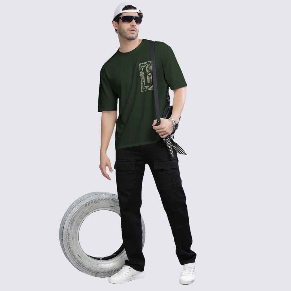 Bullmer Men's Oversized T-shirt Front and Back Printed | Olive | S