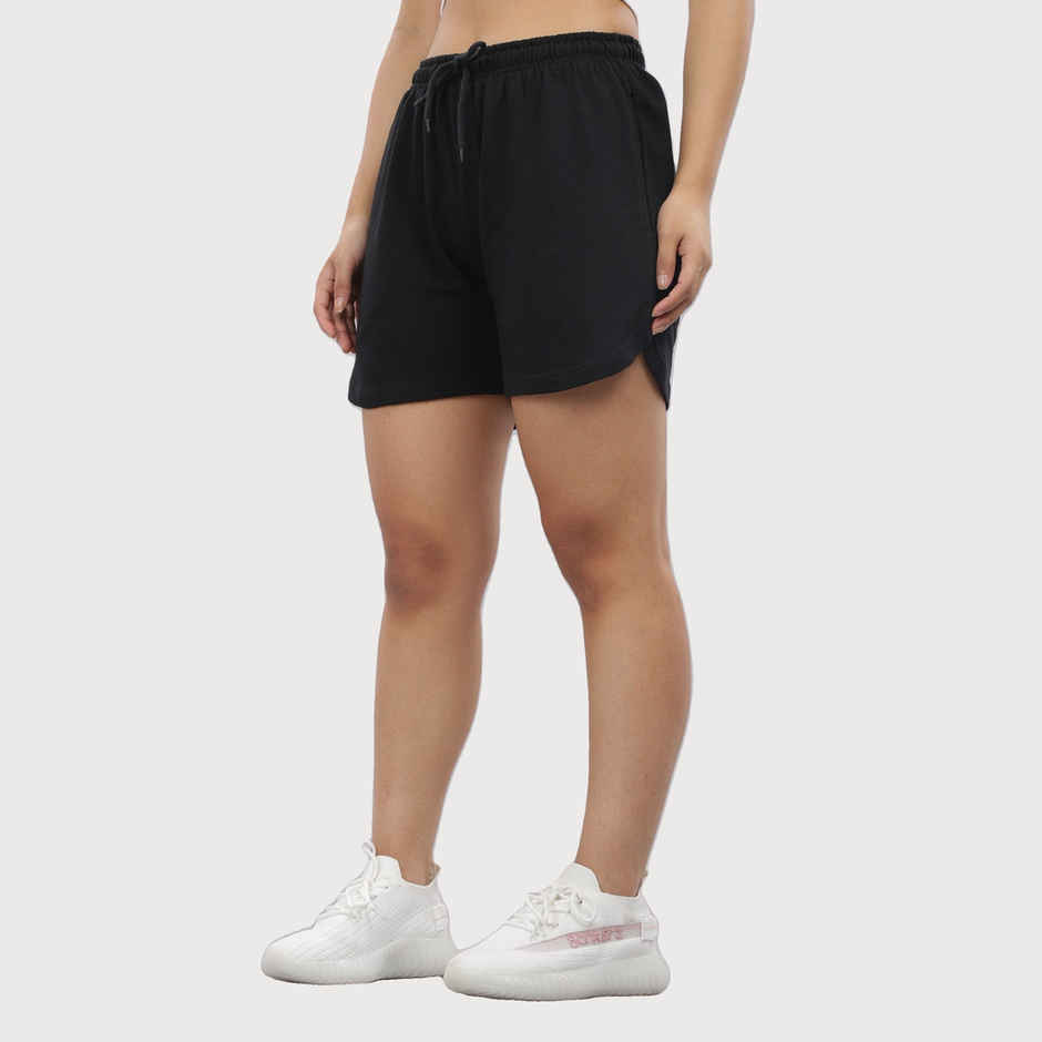 Springman Solid Black shorts With Elastic & Drawstring For Women | S