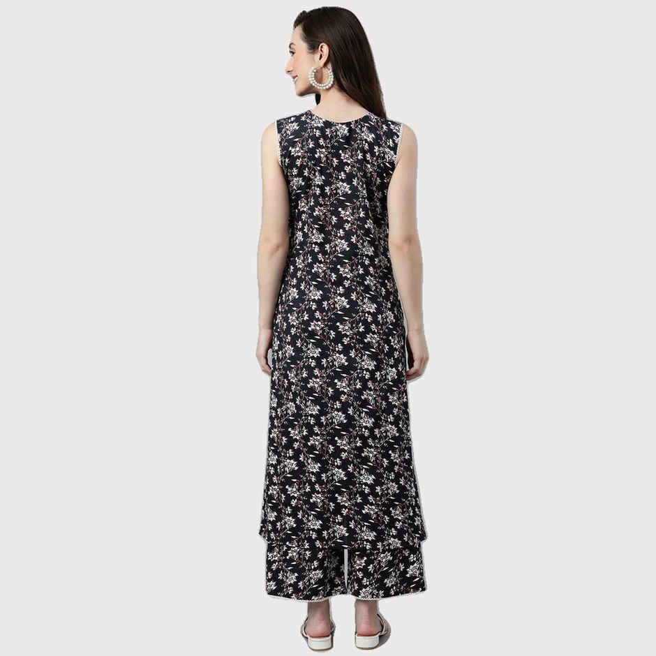 Janasya Women's Black Pure Cotton Floral Printed Kurta with Palazzo | XL