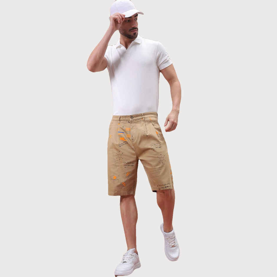 The Indian Garage Co Men s | Relaxed Fit Face Print Casual Pleated Shorts | Beige | 30