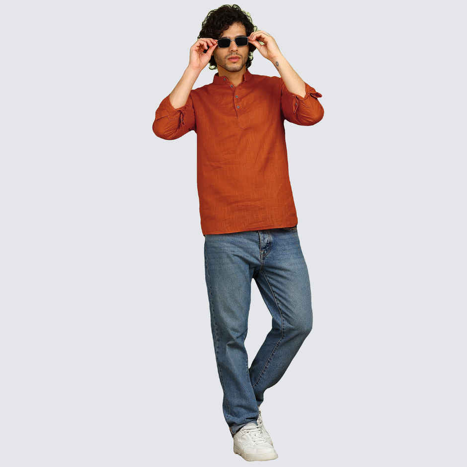 Allan Peter Men's Solid Short Kurta | Red - XL