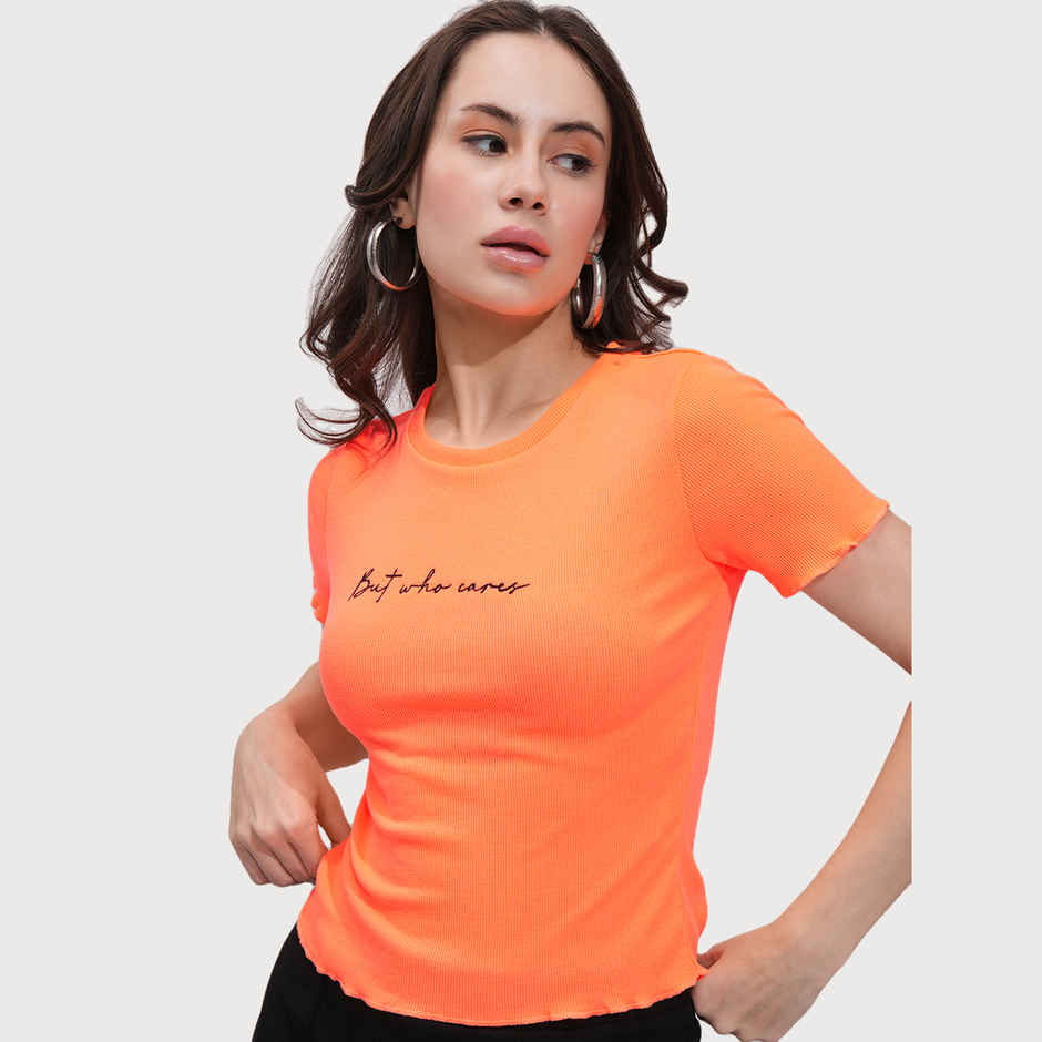 Tokyo Talkies Women's Typography Printed Crop Top | Orange - M