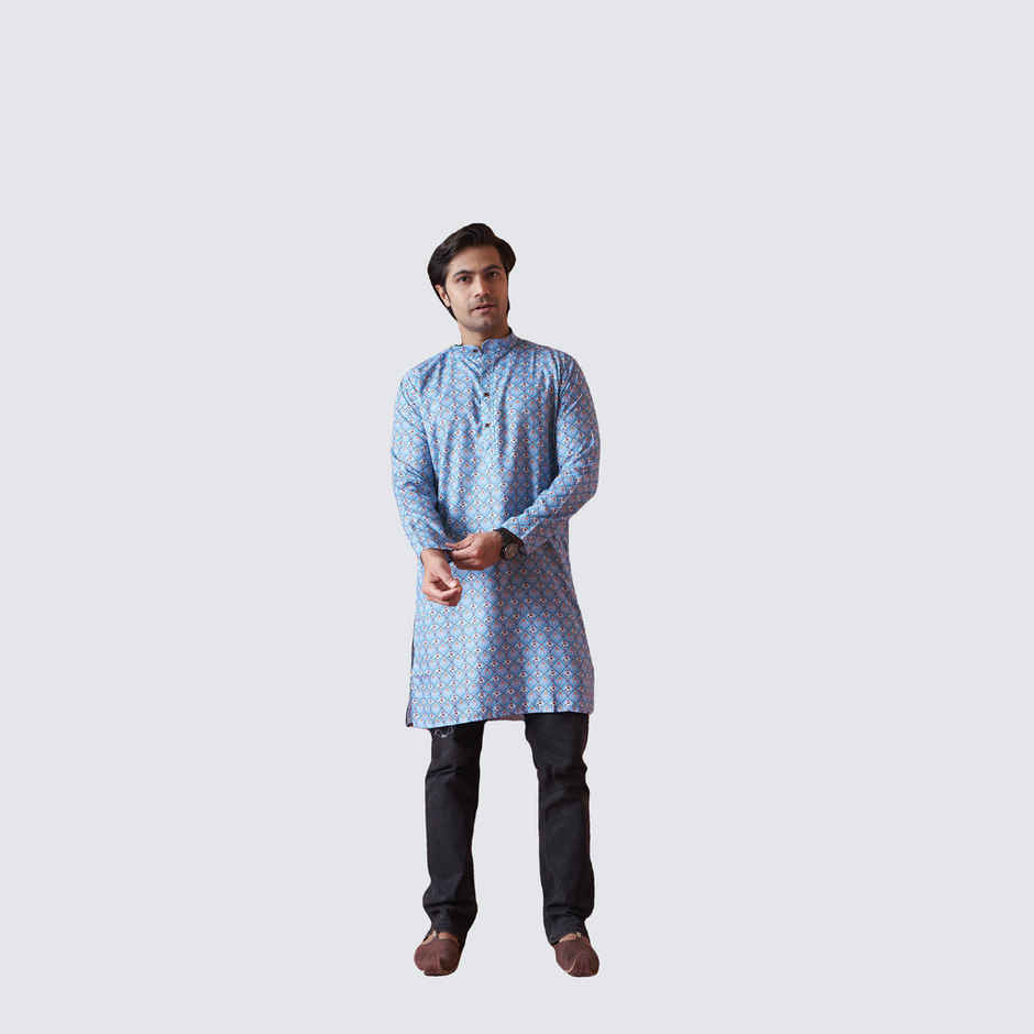 House Of Festivals Men's Printed Cotton Blend Long Kurta | Blue -S