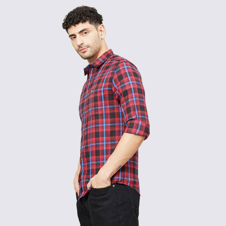 The Indian Garage Co Men's Regular Fit Checked Casual Shirt | Red - M