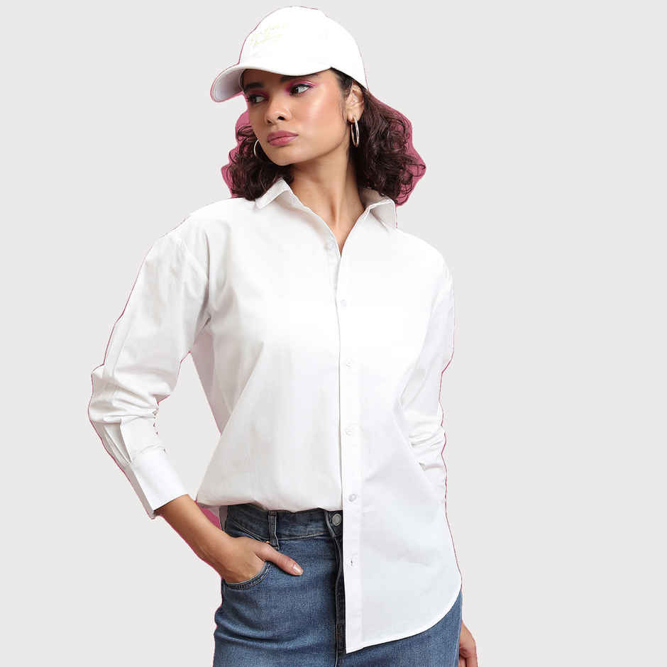 Tokyo Talkies Women's Slim Fit Drop-Shoulder Sleeves Cotton Oversized Shirt | White - XL