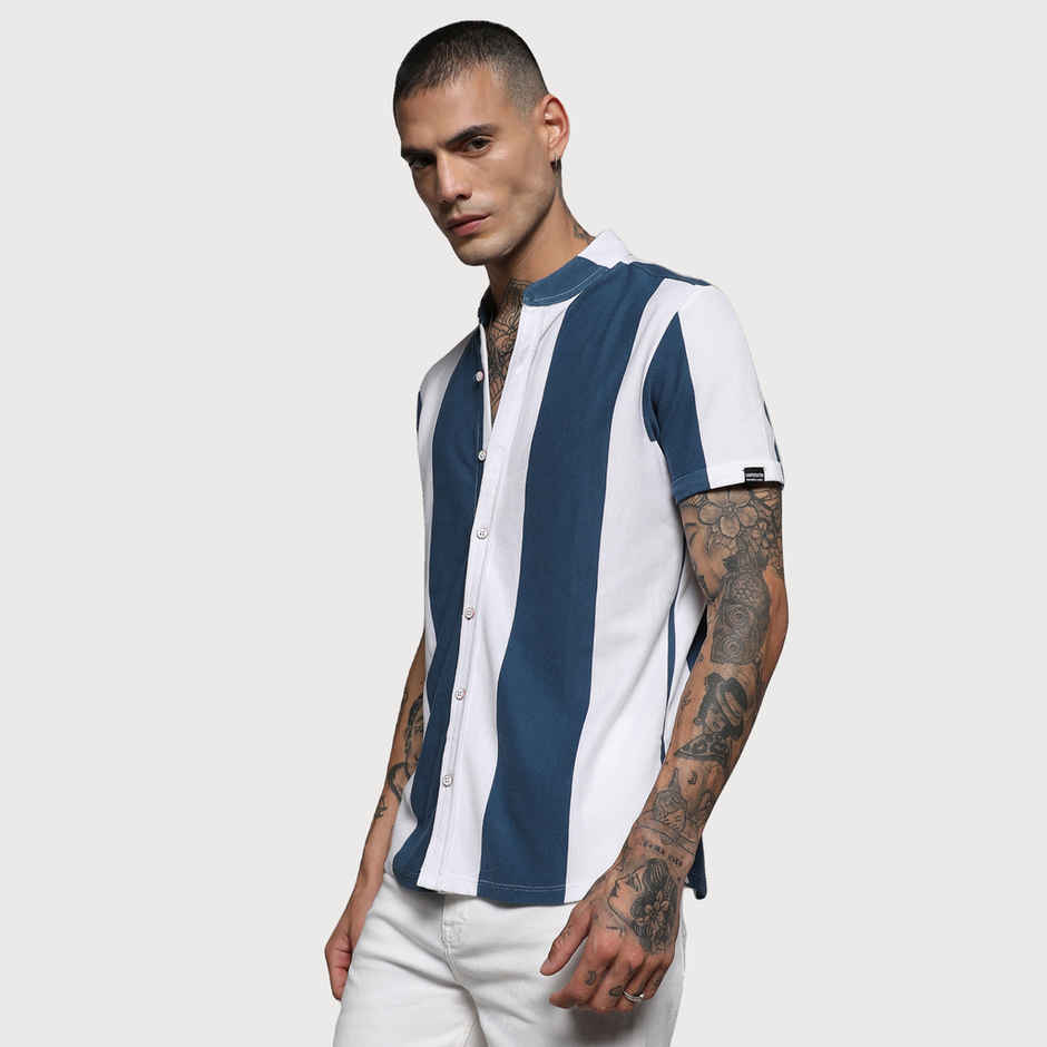 Campus Sutra Men's Striped Cotton Shirt | Blue - XL