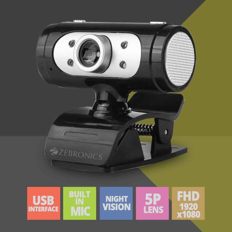 Zebronics Zeb-Ultimate Pro (Full HD) 1080p/30fps Webcam with 5P Lens, Built-in Mic, Auto White Balance, Night Vision, Manual Switch for LED - Black