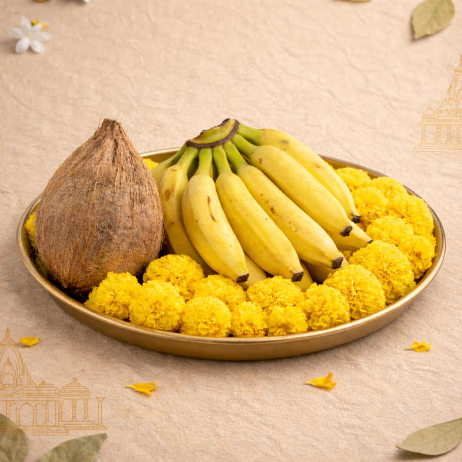 Coconut (1pc) & Banana Robusta (4pc) & Marigold Yellow Flower (100g) Combo