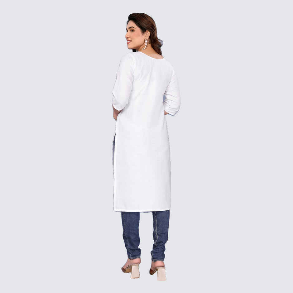 Riglozi White 3/4 Sleeves Cotton Made White Long Round Neck Regular wear Kurti for Women | XXL