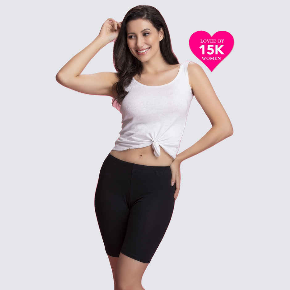 Clovia Cotton Mid Waist Cycling Shorts With Inner Elastic | Black | XL