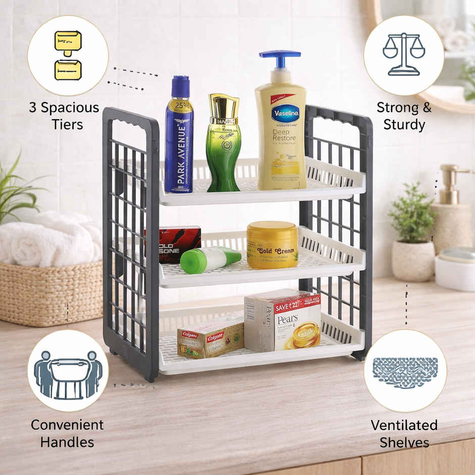 Zedak 3 Tier Plastic Storage Rack Kitchen Bathroom Organizer | Grey - 1 pc