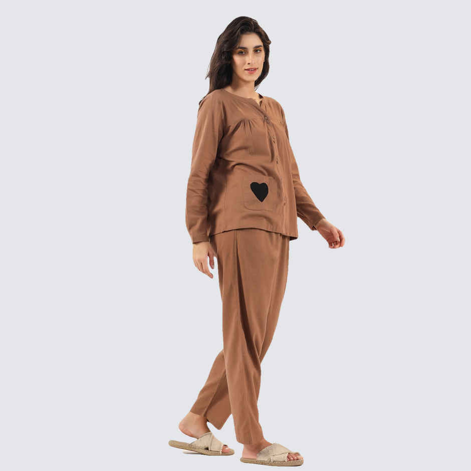 Sanskrutihomes Mandarin Collar Pure Cotton Night Suit | Brown - L