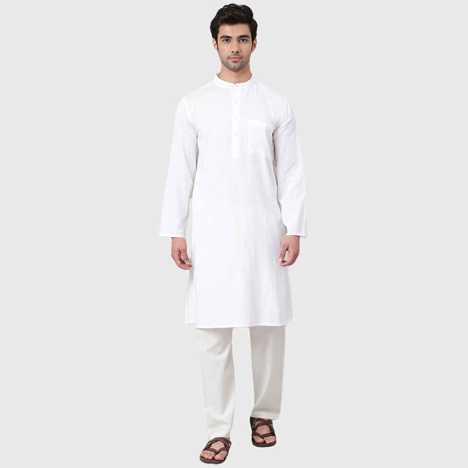 Fabindia Men's Long Kurta Dobby | White - XS