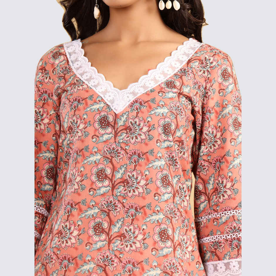 Varanga Women's Ethnic Floral Printed Flared Sleeve Kurta | Peach - M