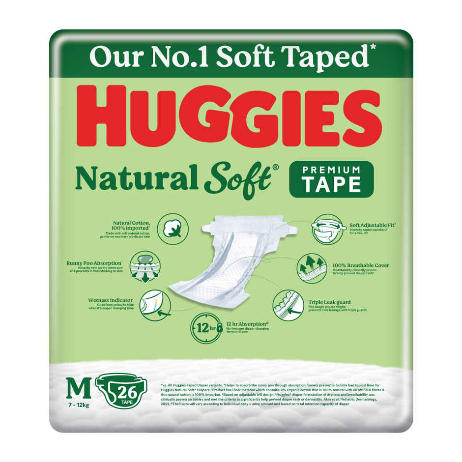 Huggies Natural Soft Premium Tape Diapers | Medium (M) Size | 7 To 12 kg