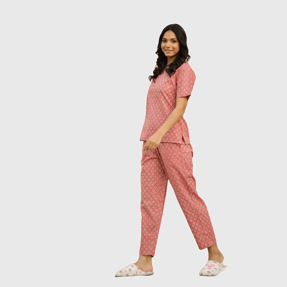 Sanskrutihomes Women's Printed Pure Cotton Night Suit | Pink - XL