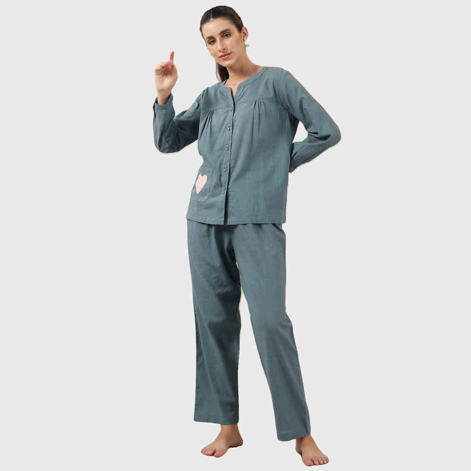 Sanskrutihomes Teal Pure Cotton Night Suit | Teal - XXL