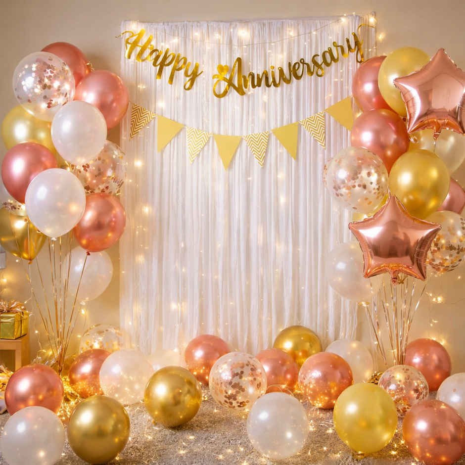 Happy Anniversary Decoration Kit with Banner, Balloons, LED Lights & Net Curtain | BeyondLuv