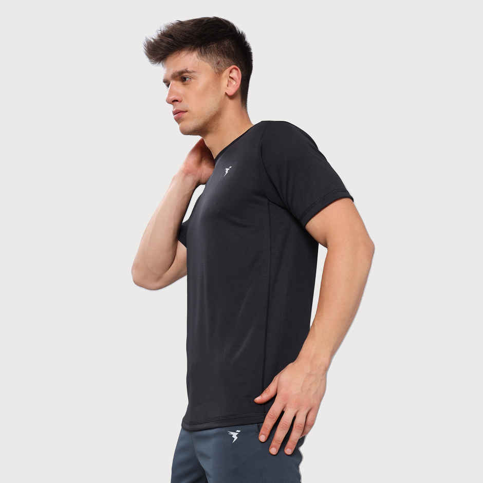 Technosport Men's Poly Solid Slim Fit Round Neck Sports T-shirt | Black - XL
