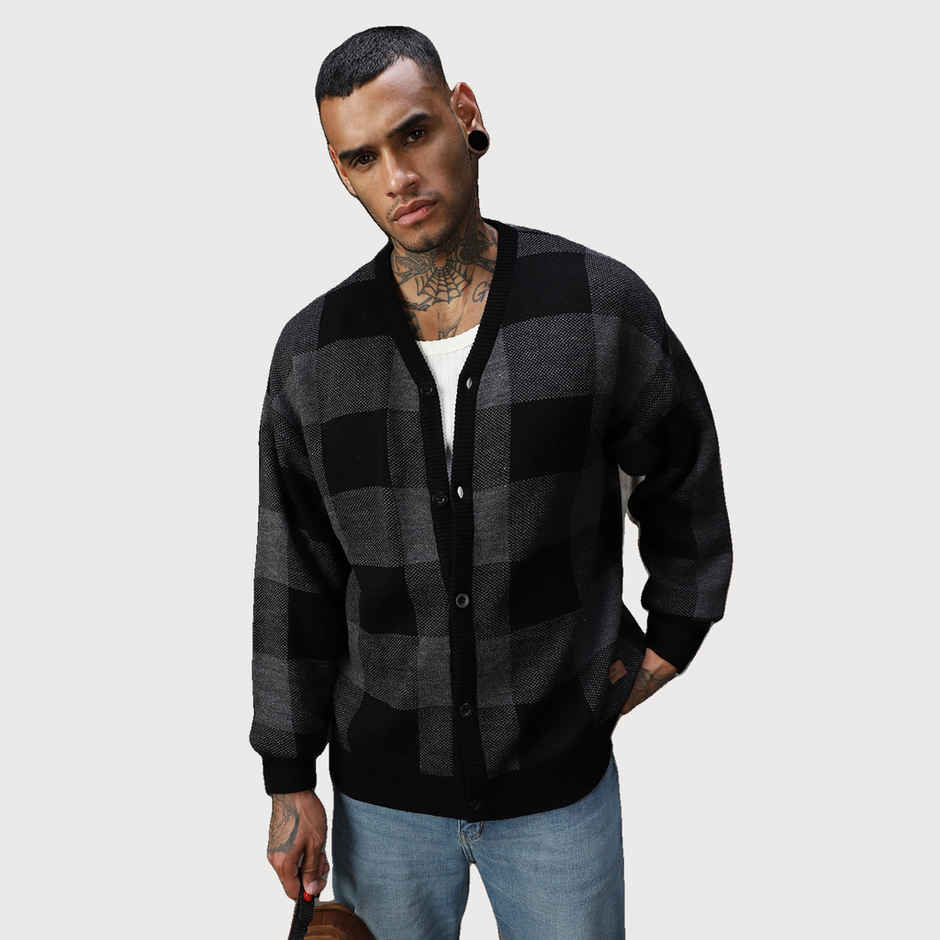 High Star Men's Checked Oversized Fit Cardigan Sweater | Grey - XL
