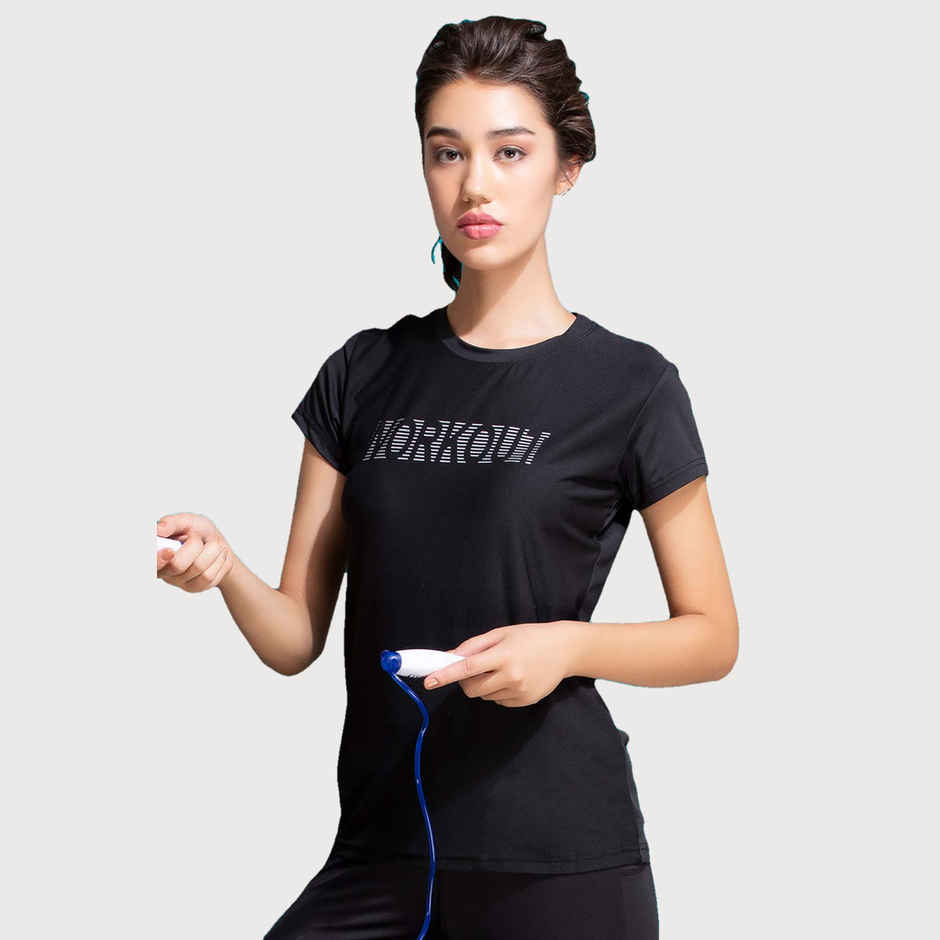 Clovia Comfort Fit Active Text Print T-Shirt | Black | XL