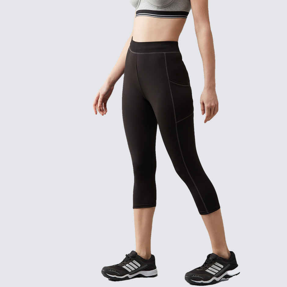 Blinkin Women's 3/4 Gym Tights - Black | Grey | With Side Pockets | Perfect For Yoga | L