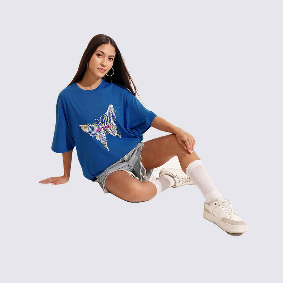 Tokyo Talkies Women's Chest Embroidered T-shirt | Blue - XL